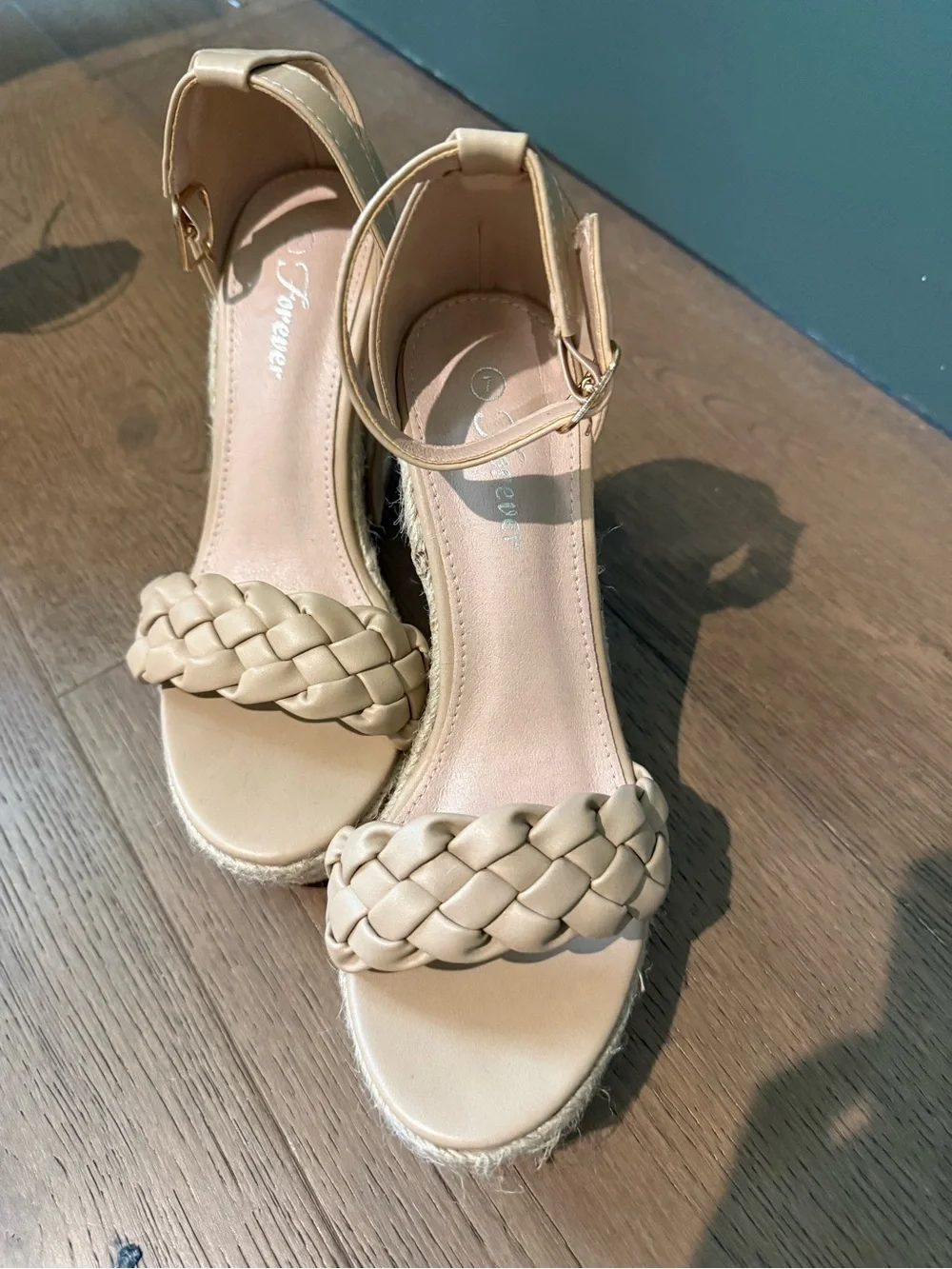 Forever Collectibles Beige Braided Espadrille Wedge Sandals